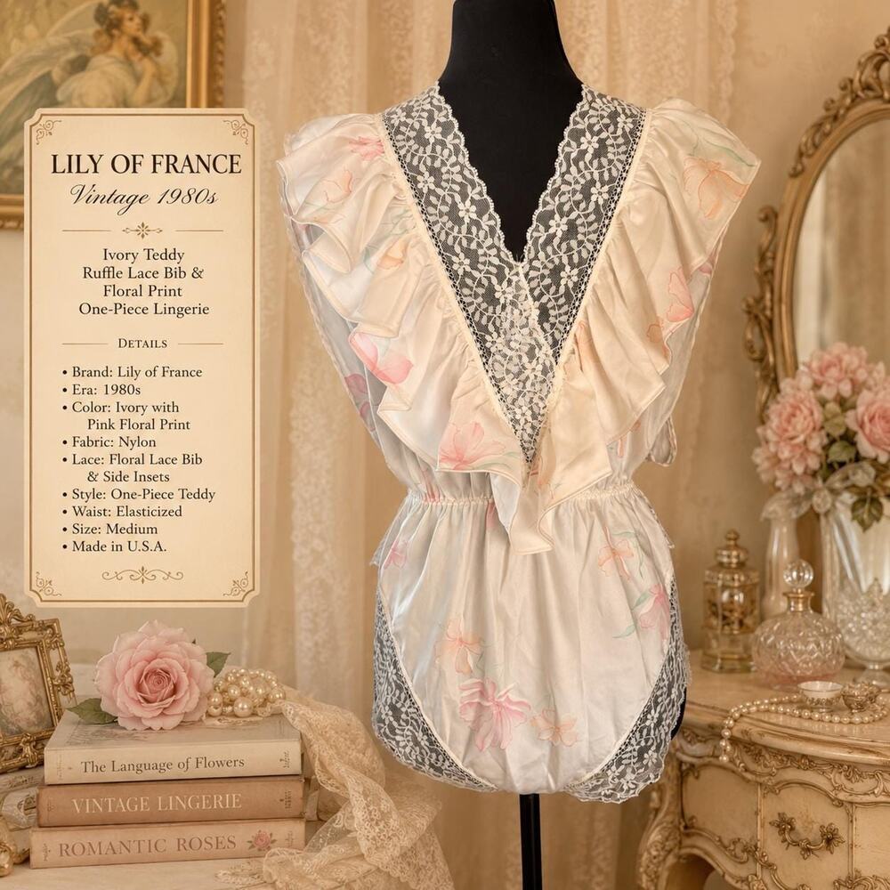Vintage 80s Lily of France Ivory Teddy | Ruffle Lace Bib & Floral Bodysuit S